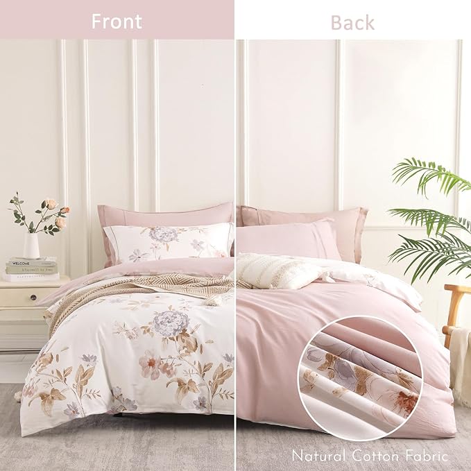 ALEISSEL Vintage Natural Cotton Comforter King Size 3Pcs - Brown & Lilac Gray Branches and Soft Blush Flowers on Off-White, Lightweight Reversible Floral Bedding Sets(King,104"×90")