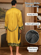 ChiaoLezhee Men's Luxury Silky Robe & Shorts Set, 2PC Lightweight Satin Pajamas with Pockets, Opulent Baroque Kimono Gifts