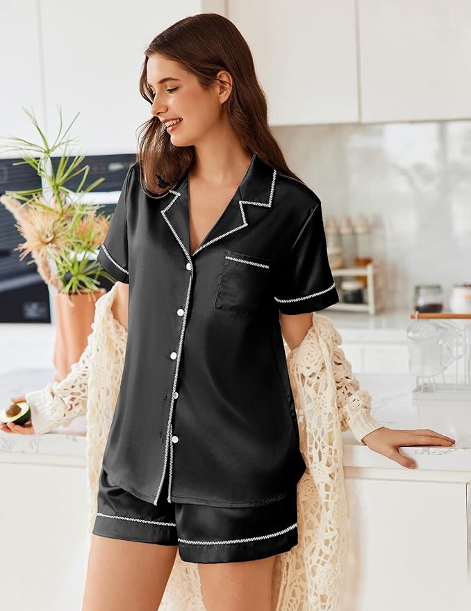 Ekouaer Womens Satin Silk Pajamas Set Short Sleeve Sleepwear Button Down Top and Shorts Loungewear 2 Piece Pjs Set S-XXL