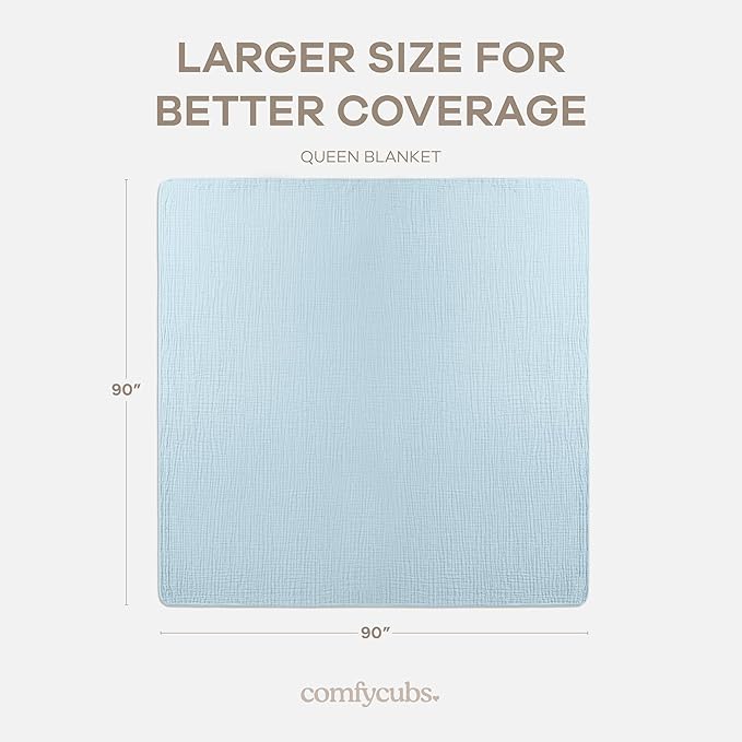 Comfy Cubs Muslin Blanket for Adults Queen 90" x 90" - 6 Layer Soft, Breathable & Lightweight Muslin Adult Blanket - Machine Washable & Designed in The US Bedding for All Seasons - Sky Blue