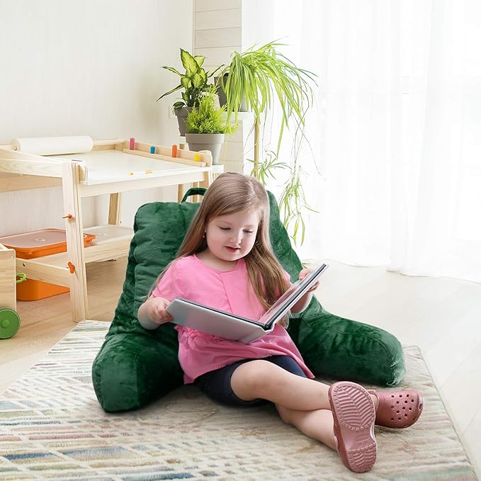 Clara Clark Reading Pillow for Kids & Teens with Shredded Memory Foam, Backrest Pillows for Reading, Watching, and Gaming, Use on The Couch, Bed, or Floor Adjustable Support, Washable Cover Dark Green