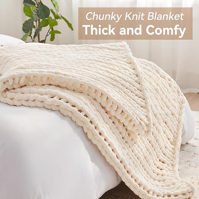 Negwoo Chunky Knit Throw Blanket, 80''*90'' Knitted Throw Chenille Yarn for Bed Couch, Handmade Cream Crochet Big Thick Blanket, Machine Washable Cute Comfy Blanket for Home Decor