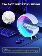 Smiling Shark Wake Up Light, Wireless Charger Atmosphere Desk Light with Bluetooth Speaker White Noise App Control Dimmable Sunrise & Sunset Simulation Dual Alarm Clock Smart Light for Home Decor