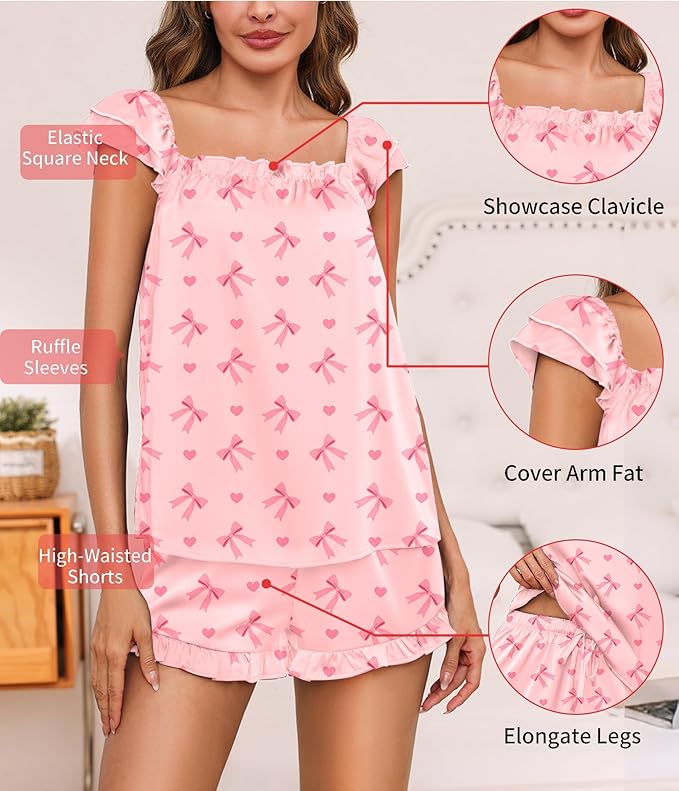 Satin Pajama Set for Women 2 Piece Silk Pjs Ruffle Sleeve Top and Shorts Cute Bridal Sleepwear Set S-XXL