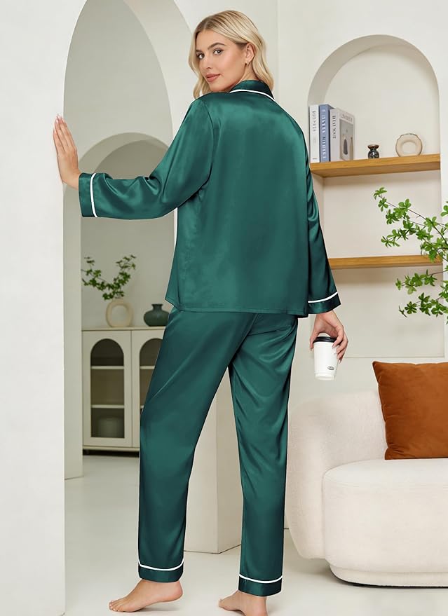 DOLOS Silk Satin Pajama Set for Women Short/Long Sleeve 2-Piece Silky Pajamas for Women Button Down Pjs Sleepwear Loungewear