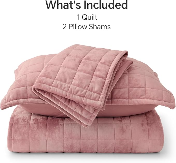 BEDELITE Velvet Quilt Set Queen Size - Luxury Velvet Comforter Bedding Set 3 Pieces, Lightweight Soft Cozy Rose Pink Oversized Bedspread Coverlet for All Seasons with 2 Pillow Shams