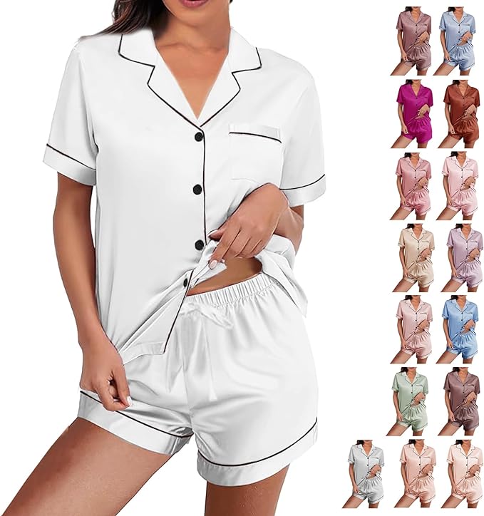 WJing Yi Jia Womens Silk Satin Pajamas Loungewear Two-Piece Sleepwear Button-Down Floral Pj Set XS-4XL