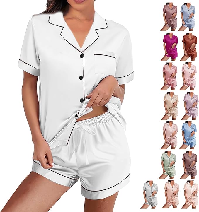 WJing Yi Jia Womens Silk Satin Pajamas Loungewear Two-Piece Sleepwear Button-Down Floral Pj Set XS-4XL