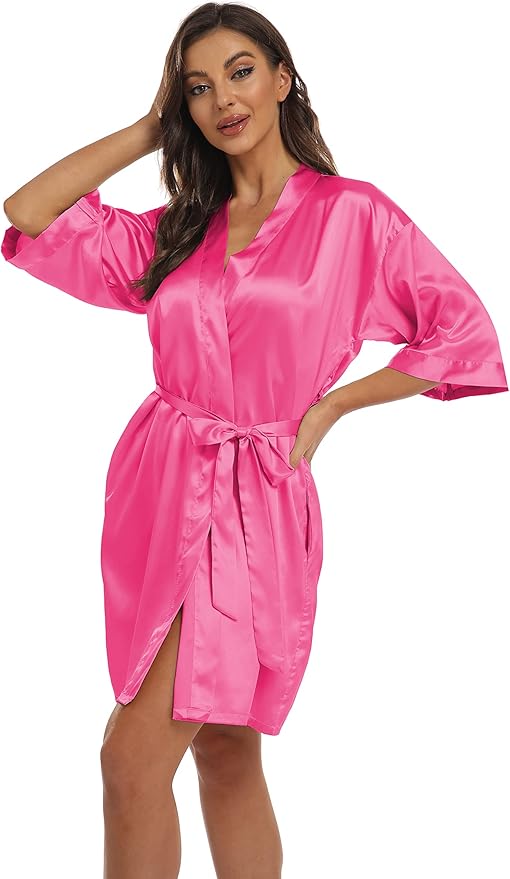 Women's Pure Short Kimono Robes Bride Bridesmaids Silky Bathrobe Lightweight Satin Sleepwear