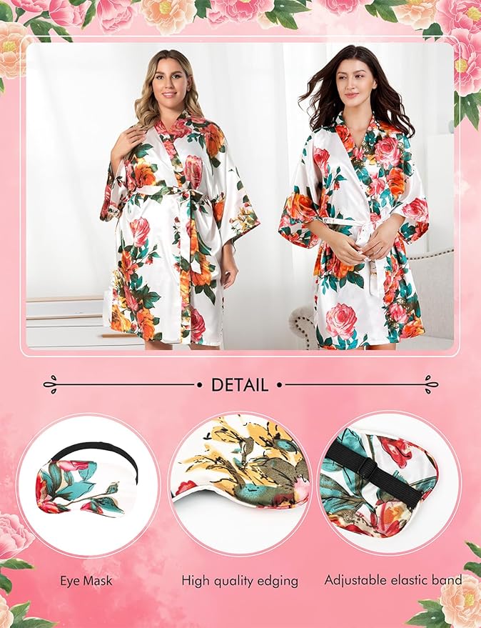 EPLAZA Silk Robes for Women Satin Robe Short Sexy Print Flower Kimono Loungewear Wedding Bridal Party