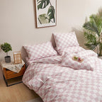 CLOTHKNOW Pink White Plaid Full Size Comforter Set 3Pcs Grid Bedding Comforter Sets Soft Geometric Checker Comforter with 2 x Pillow Cases