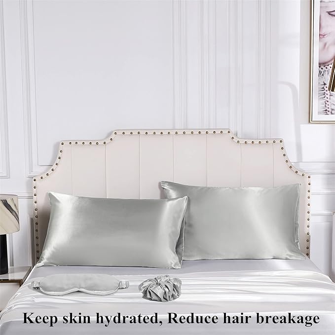 Satin Pillowcase for Hair and Skin, Vegan Silk Pillowcase Set-2 Satin Pillowcases, 1 Eye Mask, 1 Scrunchie-Luxury Sleep Set, Silver Gray Pillow Cases Queen Size with Envelope Closure