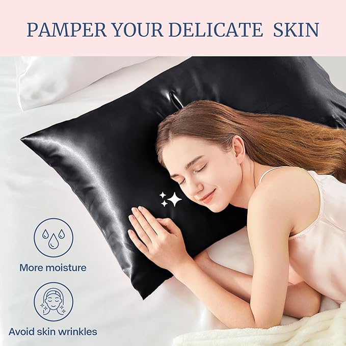 BEDELITE Satin Pillowcase for Hair and Skin, Super Soft and Cooling Similar to Silk Pillow Cases 2 Pack with Envelope Closure, Gift for Women Men(20"x40" King Size, Black)
