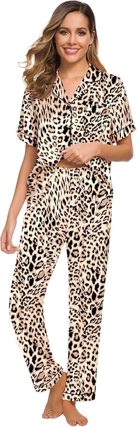 SWOMOG Women Satin Pajamas Set Short Sleeve Top & Pants Sleepwear Silky Button Down Nightwear 2pcs Loungewear Pjs Set