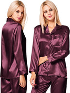 SWOMOG Long Sleeve Pajamas Set Silk Satin Sleepwear Button Down Pjs Loungewear with Pocket