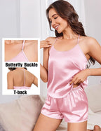 Ekouaer Silk Satin Pajamas Set for Women T-back Lingerie Pjs Cami Top and Shorts Sleepwear Gift for Honeymoon Party