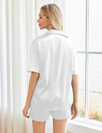 Ekouaer Pajamas for Women Silk Satin Pjs Soft Sleepwear Short Sleeve Button Down Pjs Top and Shorts 2 Piece Lounge Set S-XXL