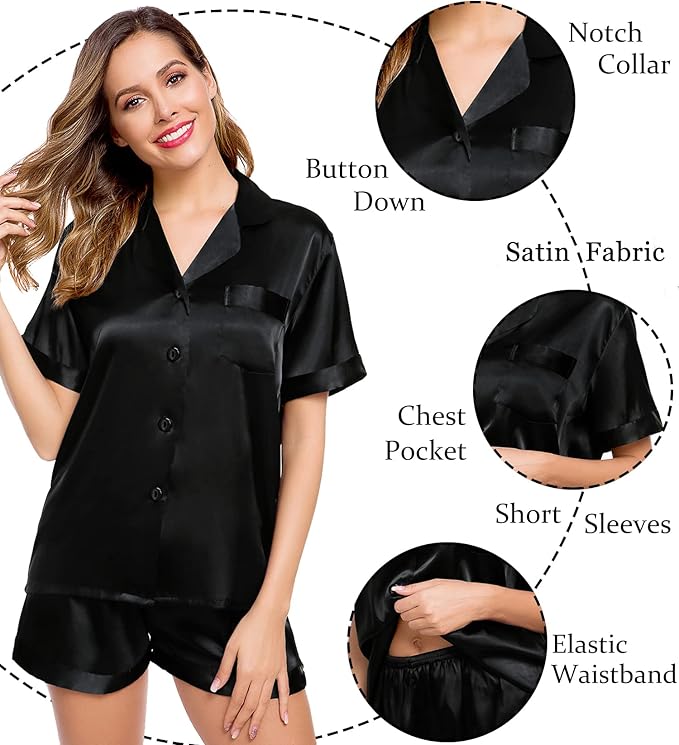 LecGee Womens Silk Satin Pajamas Short Sleeve Loungewear Two-Piece Sleepwear Button-Down Pj Set