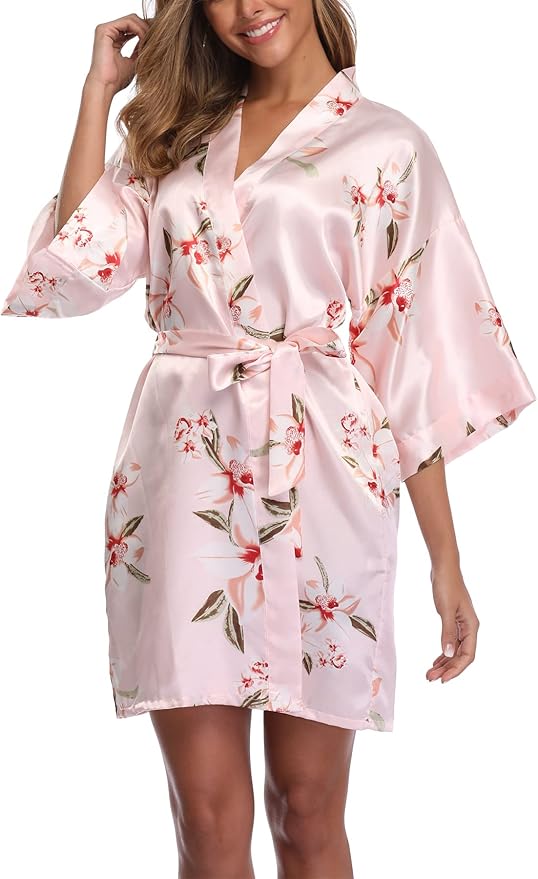 Women's Floral Satin Robes Bride Bridesmaid Getting Ready Robe Short Silky Kimono Sleepwear for Wedding Party