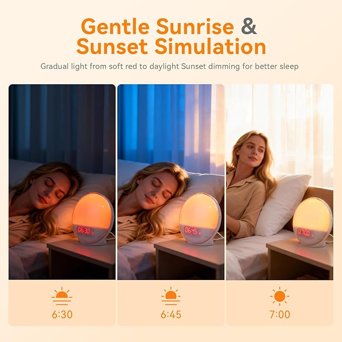 Sunrise Alarm Clock with App Control for Heavy Sleepers, Bedroom, Wake Up Light with Sunrise&Sunset Simulation, White Noise Sound Machine with 11 Colors Night Lights, Dual Alarms, FM Radio