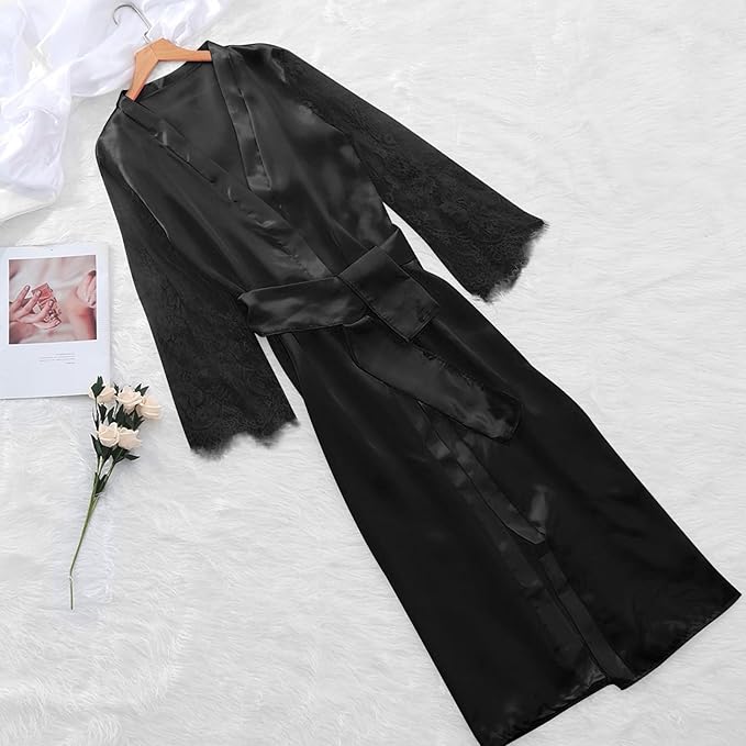 Mzkdieey Women's Floral Lace Robe Silk Kimono Bathrobe Long Bridesmaids Wedding Party Loungewear Sleepwear Dressing Gown