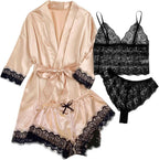 WDIRARA Women' Silk Satin Pajamas Set 4pcs Lingerie Floral Lace Cami Sleepwear with Robe
