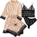 WDIRARA Women' Silk Satin Pajamas Set 4pcs Lingerie Floral Lace Cami Sleepwear with Robe