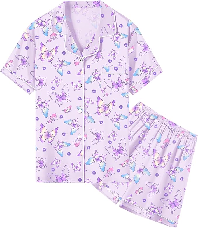 Umeyda Women & Girls Pajamas Set, Soft Satin Lightweight Silk Button-Down Top with Shorts 2 Piece PJS for Mom Boys Kids Gifts