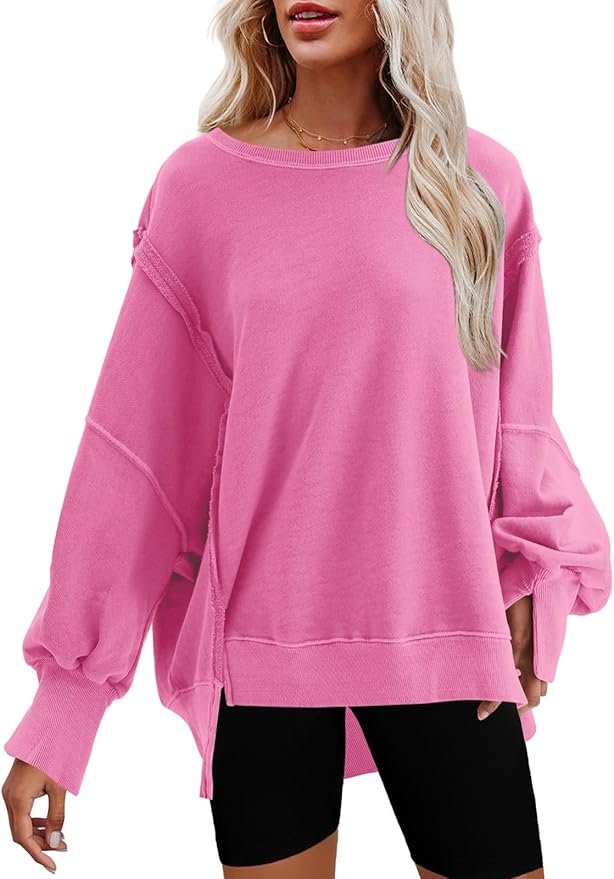 Nirovien Womens Oversized Crewneck Sweatshirt Side Slit Long Sleeve Pullover Slouchy Fit Tops