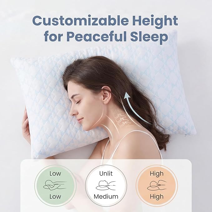 Meoflaw Adjustable Memory Foam Bed Pillows:Queen Size Shredded Foam Pillow Set of 2 for Sleeping with Removable & Washable Pillowcase for Back,Side & Stoamch Sleeper-Medium Firm