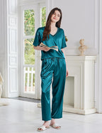 Ekouaer Satin Pajama Set for Women Short Sleeve Silky Pjs 2 Piece Lounge Sets Soft Comfy Sleepwear Loungewear S-XXL