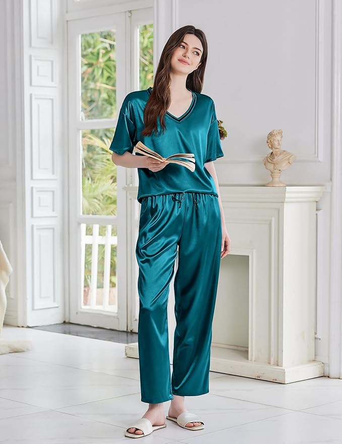 Ekouaer Satin Pajama Set for Women Short Sleeve Silky Pjs 2 Piece Lounge Sets Soft Comfy Sleepwear Loungewear S-XXL