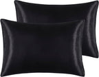 Satin Pillowcases with Zipper （20x26）,Standard Size Pillowcases Set of 2, Black Silk Pillowcase for Hair and Skin