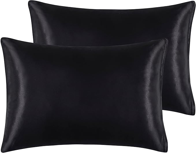 Satin Pillowcases with Zipper （20x26）,Standard Size Pillowcases Set of 2, Black Silk Pillowcase for Hair and Skin