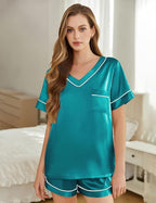 Silk Pajamas for Women Short Sleeve Satin 2 Piece Pj Set Soft V Neck Sleepwear Loungewear, S-XXL