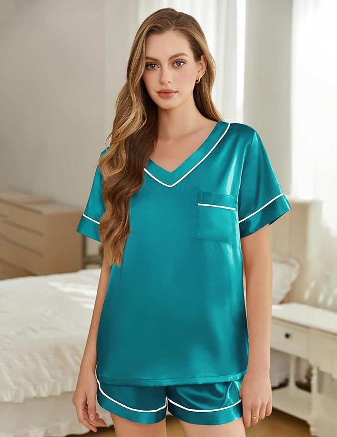 Silk Pajamas for Women Short Sleeve Satin 2 Piece Pj Set Soft V Neck Sleepwear Loungewear, S-XXL
