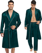 SWOMOG Men's Satin Robe 3 Pcs Silky Kimono Bathrobe Set Lightweight Soft Loungewear Nightwear