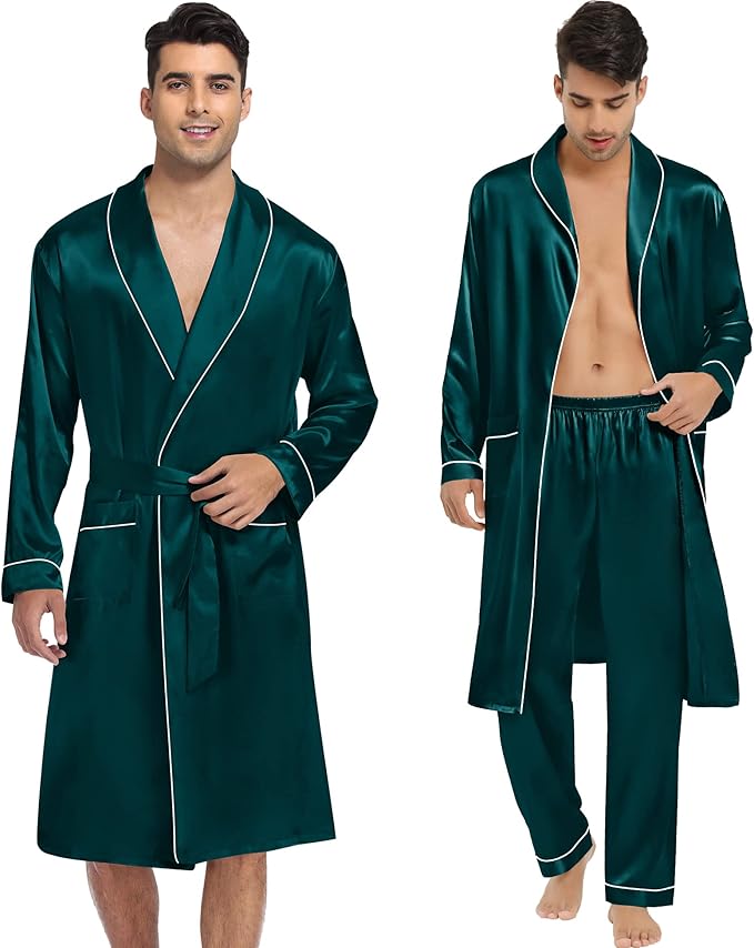 SWOMOG Men's Satin Robe 3 Pcs Silky Kimono Bathrobe Set Lightweight Soft Loungewear Nightwear