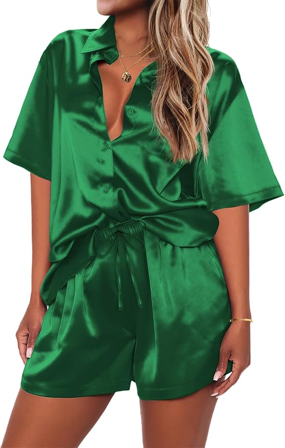 Ekouaer Pajamas for Women Silk Satin Pjs Soft Sleepwear Short Sleeve Button Down Pjs Top and Shorts 2 Piece Lounge Set S-XXL