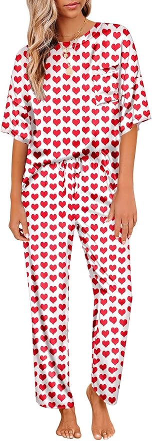 Ekouaer Womens Satin Silky Pajama Set Short Sleeve Shirt with Long Pajama Pant Set Soft PJ Loungewear