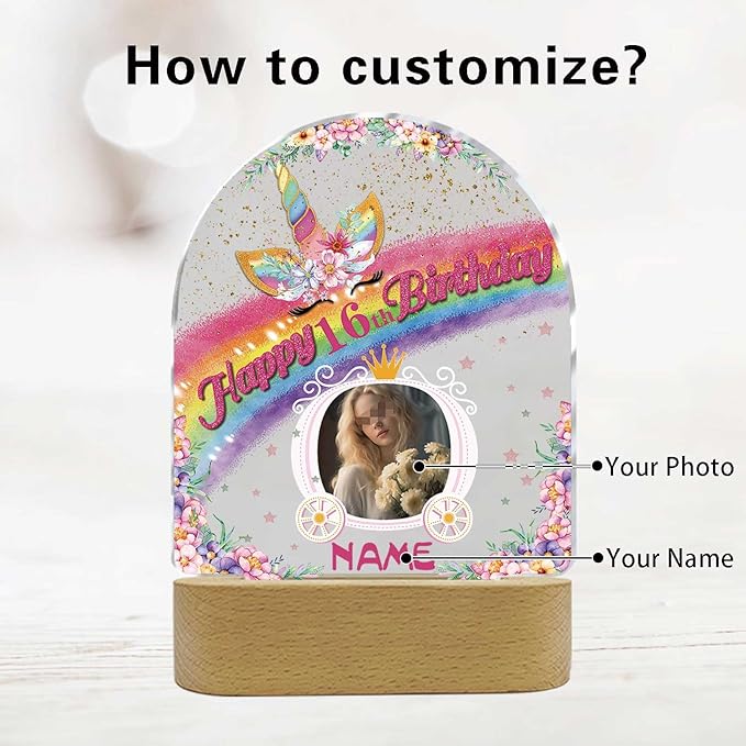 Customized Birthday Gifts Personalized Acrylic LED Night Light Lamp Plaque Custom Photo Name Age Birthday Gifts for Kids(B-Unicorn)