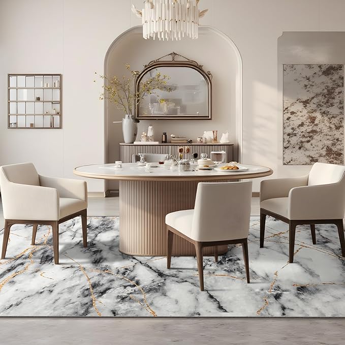 CRYPTOLITE Area Rugs 8x10 Rug for Living Room Abstract Washable Rug with Non-Slip Backing Low Pile Area Rug for Bedroom, Dining Room, Gold&Grey