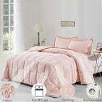 HIG 3pc Prewashed All Season Down Alternative Comforter Duvet Insert -Quilted Comforter with Corner Tabs -Box Stitched -250GSM Fiberfill Chic Farmhouse Style Bedding(Twin,Peach Pink)