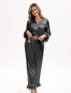 MORFORU Satin Pajama Set for Women Feather Trim Long Sleeve Pjs with Sleep Mask Headband Scrunchie Sleepwear Lounge Set
