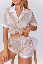 Ekouaer Womens Silk Satin Pajama Set Short Sleeve PJs 2 Piece Button Down Top and Shorts Notch Collar Sleepwear Sets Soft Pjs