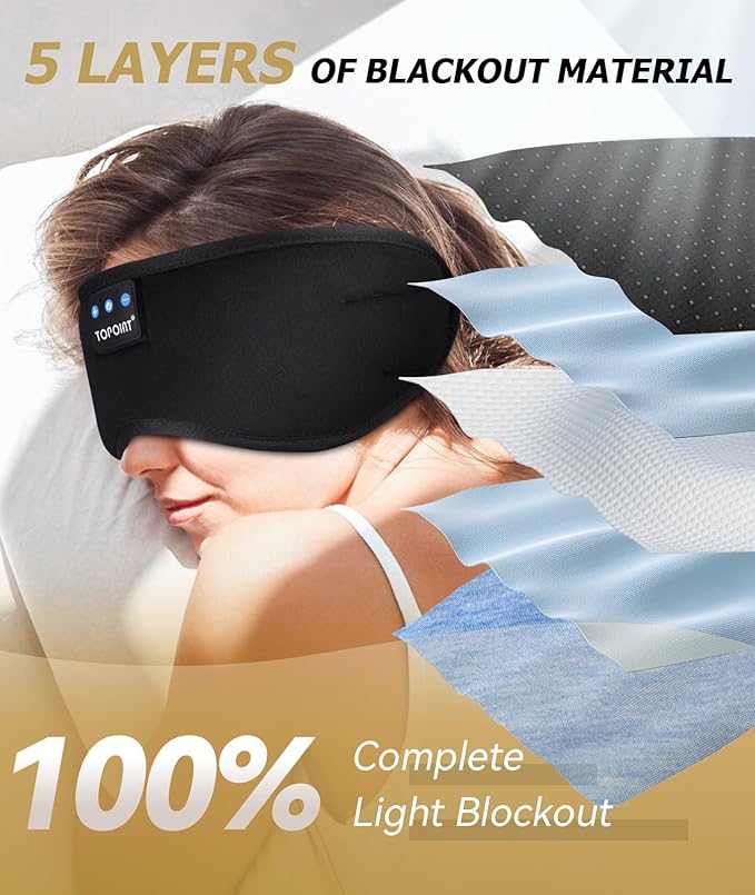TOPOINT Sleep Headphones, Bluetooth Sleep Mask with Bluetooth Headphones Cotton Sleeping Headphones Bluetooth Eye Mask with Microphone Hands Free Light Blackout for Side Sleepers Father's Day Gift