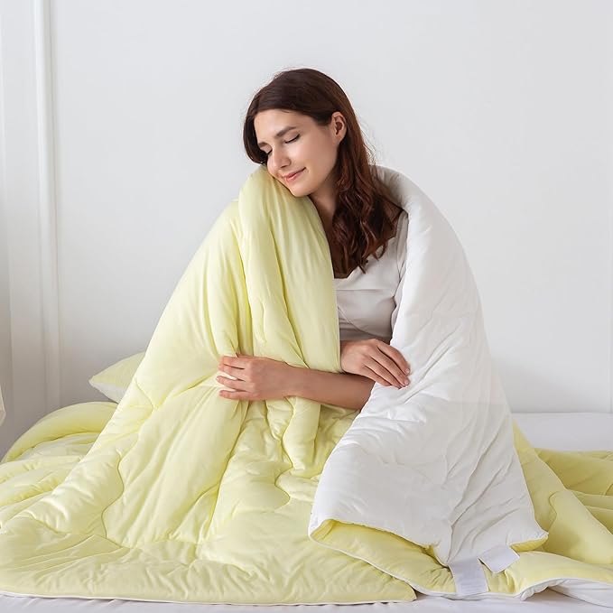 COTTEBED Reversible KING Bedding Comforter Set, Jersey Knit All Season Milk Cup Dual-Side Down Comforters, Super Soft Breathable Fluffy Lightweight Quilt & Pillow Shams(Yellow and White King/Cal King)