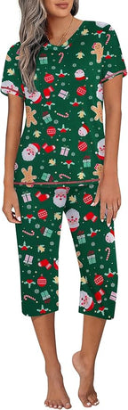 Ekouaer Women's Sleepwear Capri Pajama Sets Short Sleeve Two-Piece Pjs V Neck Tops & Capri Pants with Pockets S-3XL