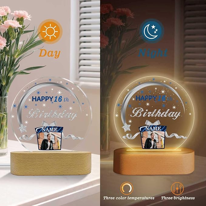 Customized Birthday Gifts Personalized Acrylic LED Night Light Lamp Crystal Ball Plaque Custom Photo Name Birthday Gifts for Mom Kids (Navy Blue and Silver)
