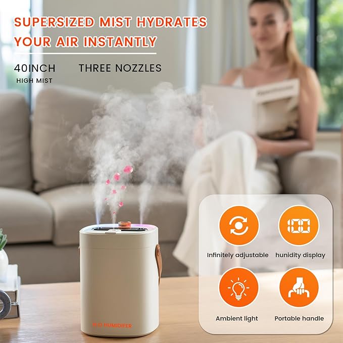 2L Humidifier for Bedroom,Portable Cool Mist Humidifiers,Ultra Quiet 20dB,Top Fill Air Humidifier for Home,Office,Plants，Adjustable Humidity,Night Light,BPA-Free,Khaki